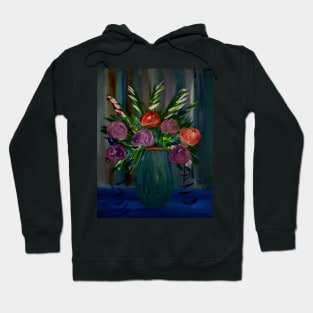 abstract roses and mixed flowers in metallic blue vase Hoodie